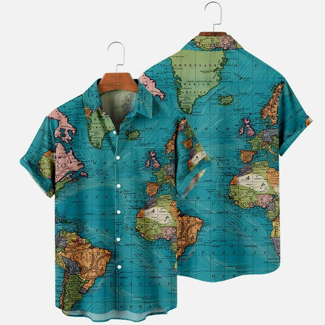 toraway Mens Shirts Short Sleeve Cotton Male Summer Male Spring and Summer Map Print Short Shirt Lapel Fully Printed Printed Single Shirt with Pocket XXXL