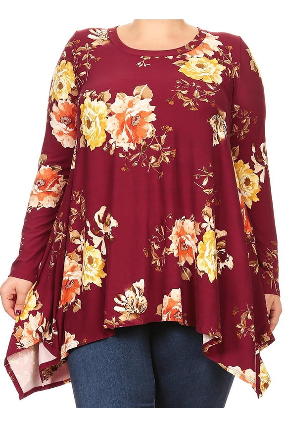 Women Plus Size Long Sleeve Floral Pattern Casual Tunic Top Shirt Burgundy 2XL (D396 FLO) BNY Corner