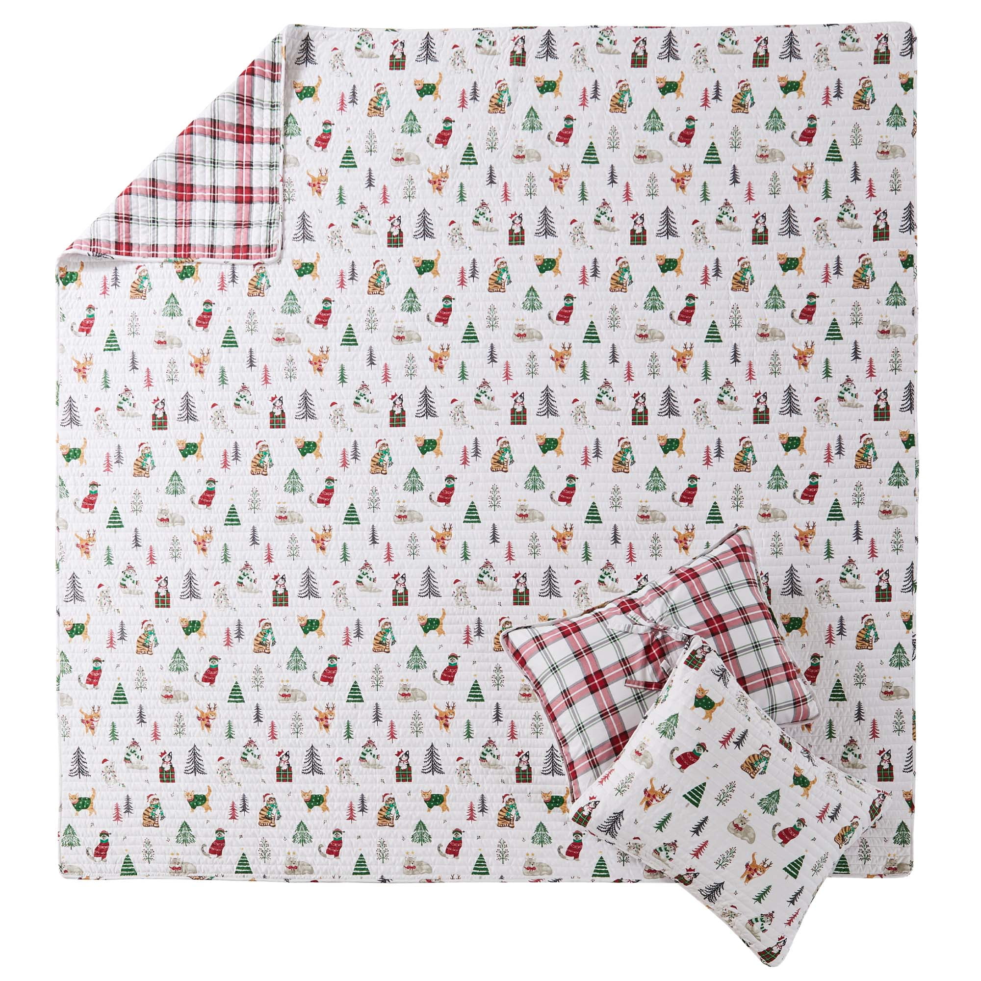 Levtex Home - Meowy Christmas Quilt Set - Full/Queen Quilt and Two Standard Shams - Red, Green, Grey and White - Quilt (88x92in.) and Shams (20x26in.) - Reversible - Cotton/Polyester