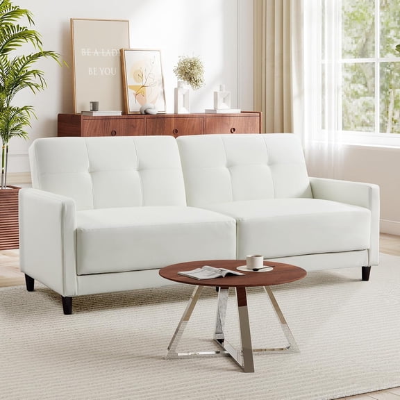 76" W Convertible Couch Small Futon Sofa Bed with Reclining Backrest & Armrests, Faux Leather Mid Century Modern Loveseat Sofa Couch for Living Room, Office, White
