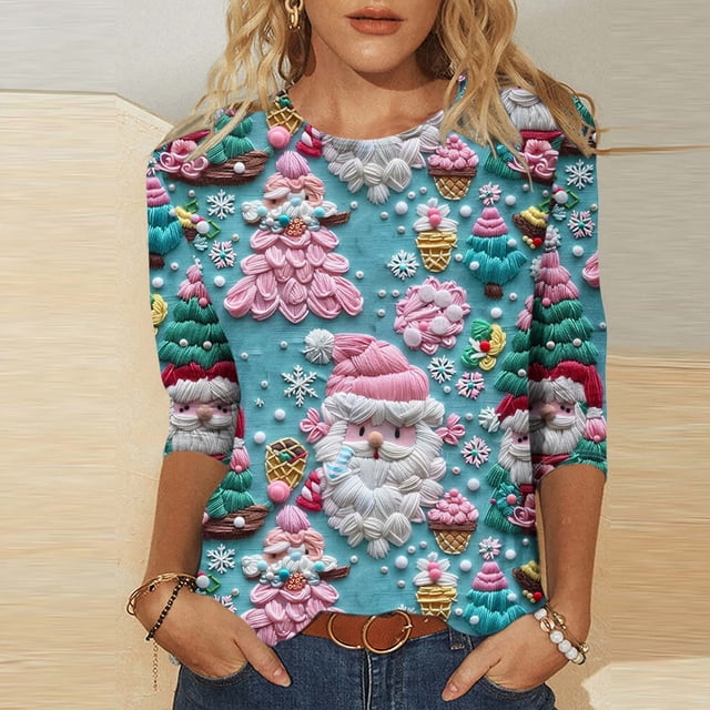 QIPOPIQ Hauts pour Femmes Chemises à Manches 3/4 Col Rond Blouses Amples Décontractées T-Shirts à Imprimé Floral Liquidation