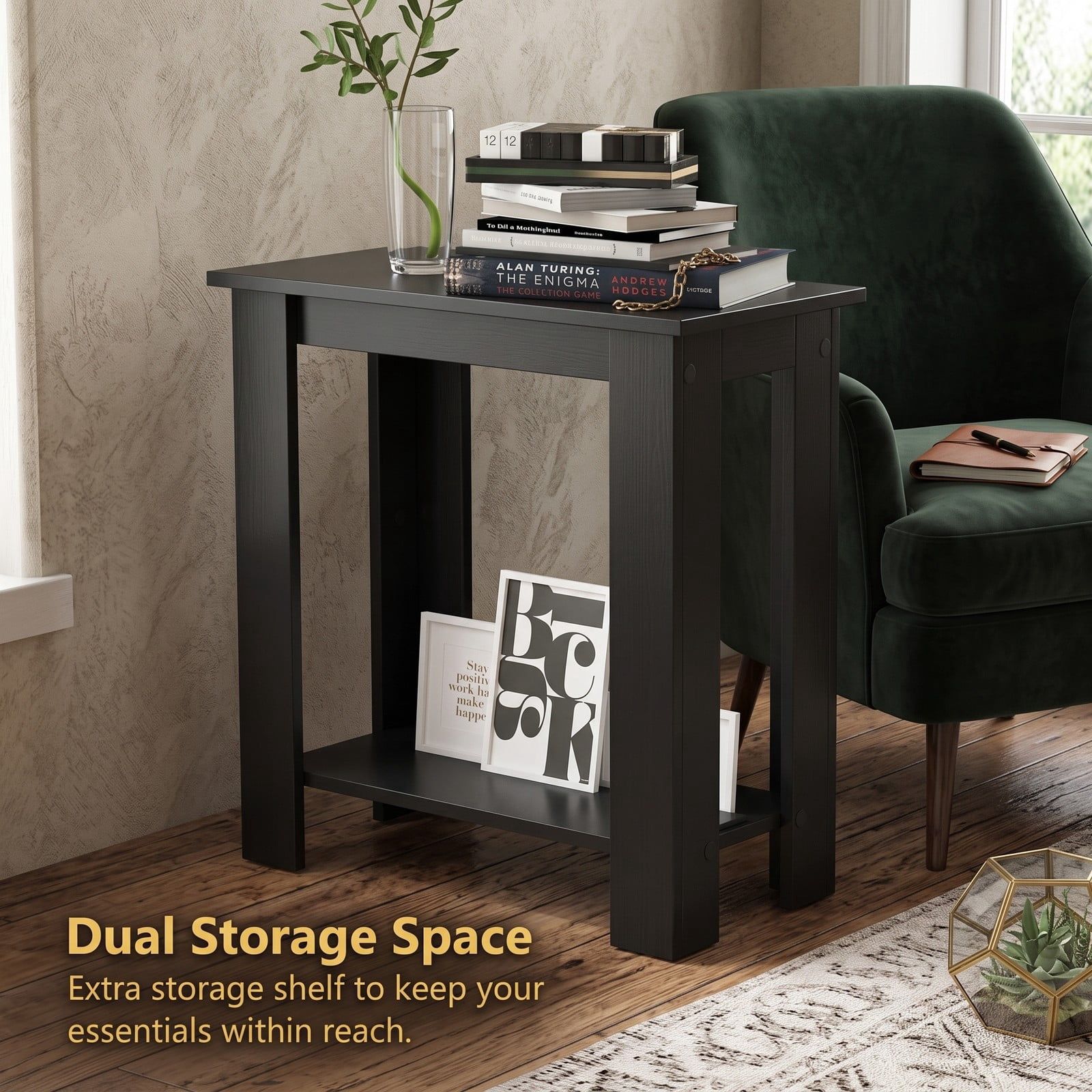 Furnibear 2-Tier Modern End Table with Storage Shelf, Compact Wooden Nightstand Sofa Side Table for Living Room Bedroom Small Spaces, Black