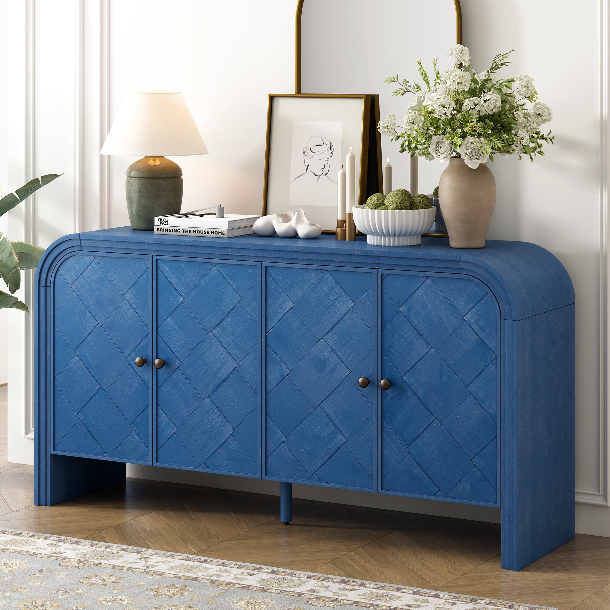 Euroco 59.8" Sideboard Buffet Cabinet,Long Storage Cabinet with Shelves and 4 Doors,Modern Coffee Bar Cabinet for for Dining Room, Living Room,Navy Blue