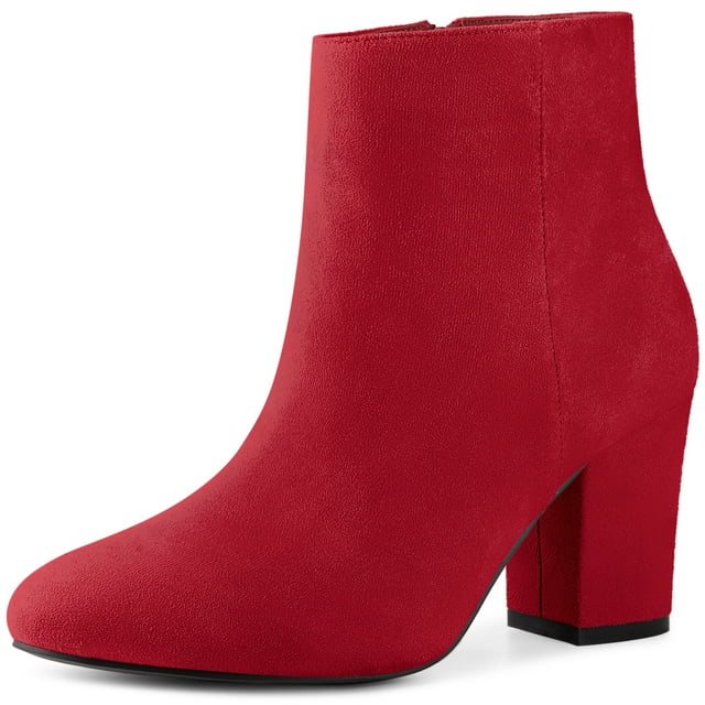 Unique Bargains Women's Round Toe Chunky High Heels Ankle Boots Red (Size 8)
