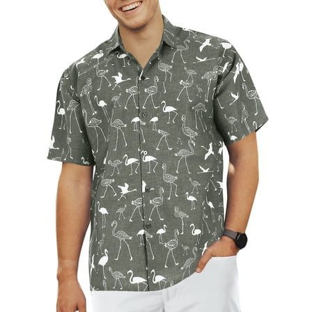 LA LEELA Men's Funky Hawaiian Shirt Cotton Linen Effect Button Down Casual Beach Funny Shirts For Men L Coal, Flamingo Summer