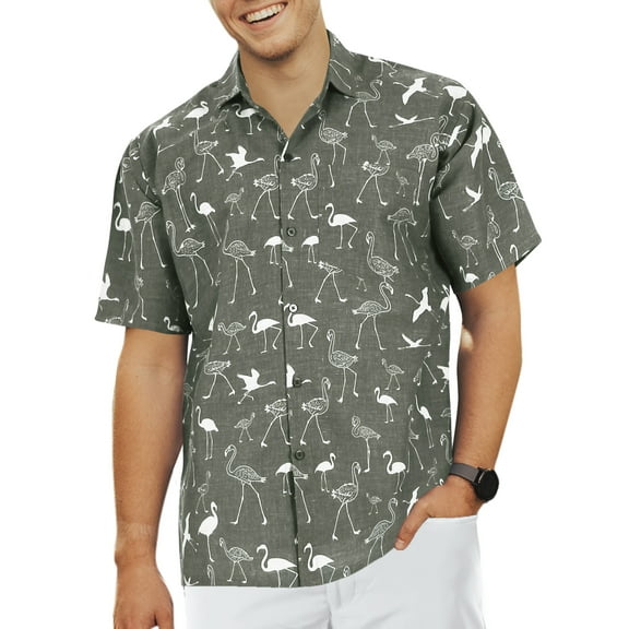 LA LEELA Men's Funky Hawaiian Shirt Cotton Linen Effect Button Down Casual Beach Funny Shirts For Men L Coal, Flamingo Summer