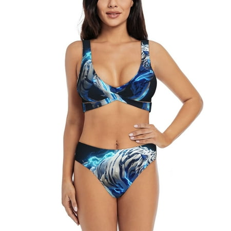 Zeuib Futuristic Blue Light White Tiger High Waisted Tummy Control Bikini Set - Knot Front Push Up Top & Cheeky Thong Bottom  Two-Piece Swimsuit for Women-Small