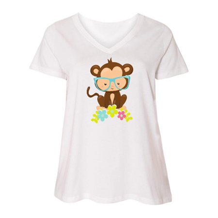 

Inktastic Cute Monkey With Eyeglasses Colorful Flowers Women s Plus Size V-Neck