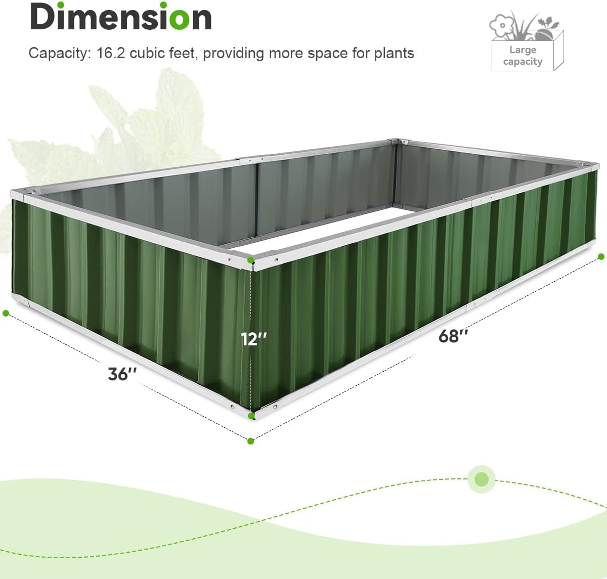 KING BIRD Raised Garden Bed 68" Lx 36" Wx 12" H Galvanized Garden Planter Box Kit (Green) 6x3x1ft