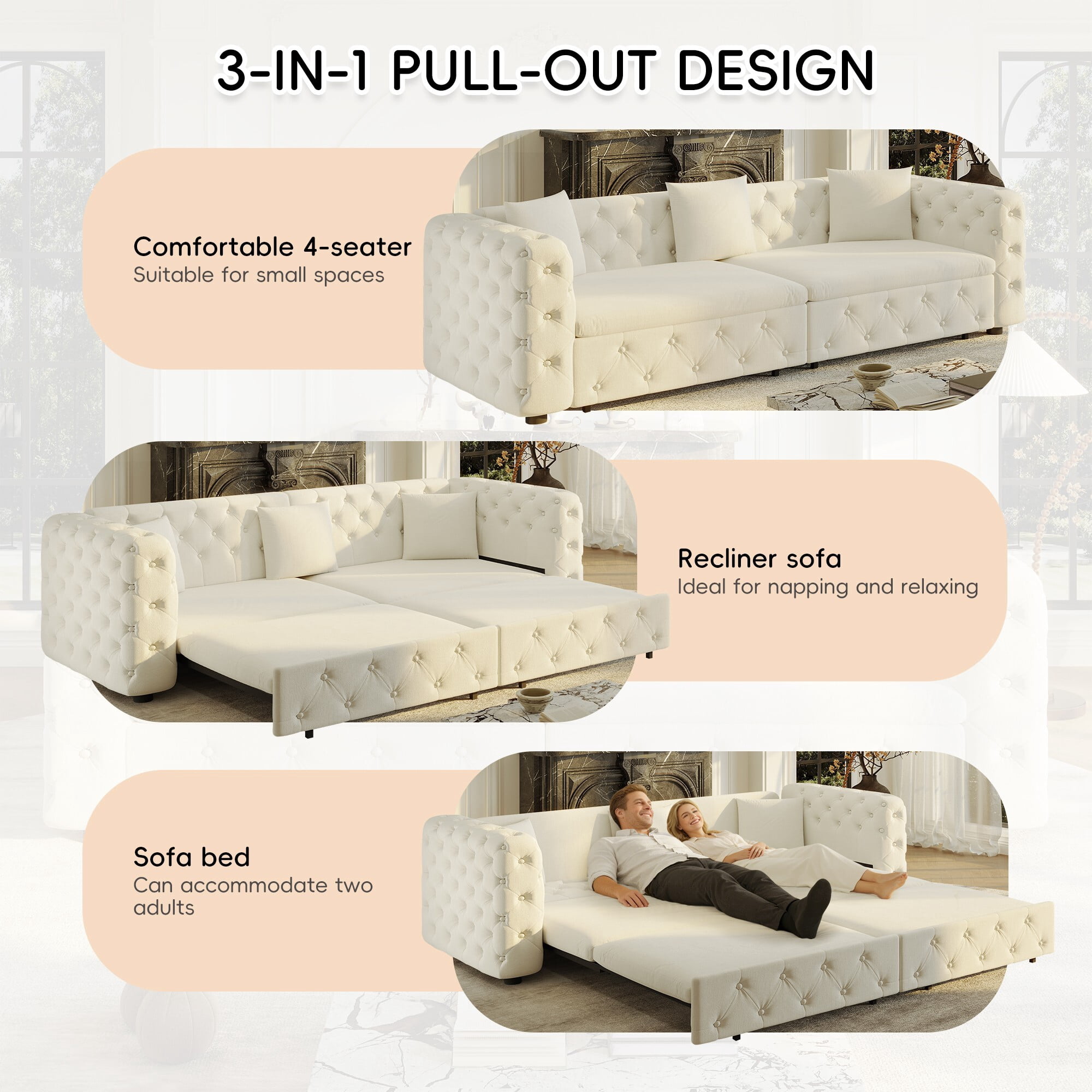 DEALTOPS 89 Inch Chesterfield Tufted Velvet 3 in 1 Pull Out Sofa Bed, 4 Seater Tuxedo Living Room Couch, Beige