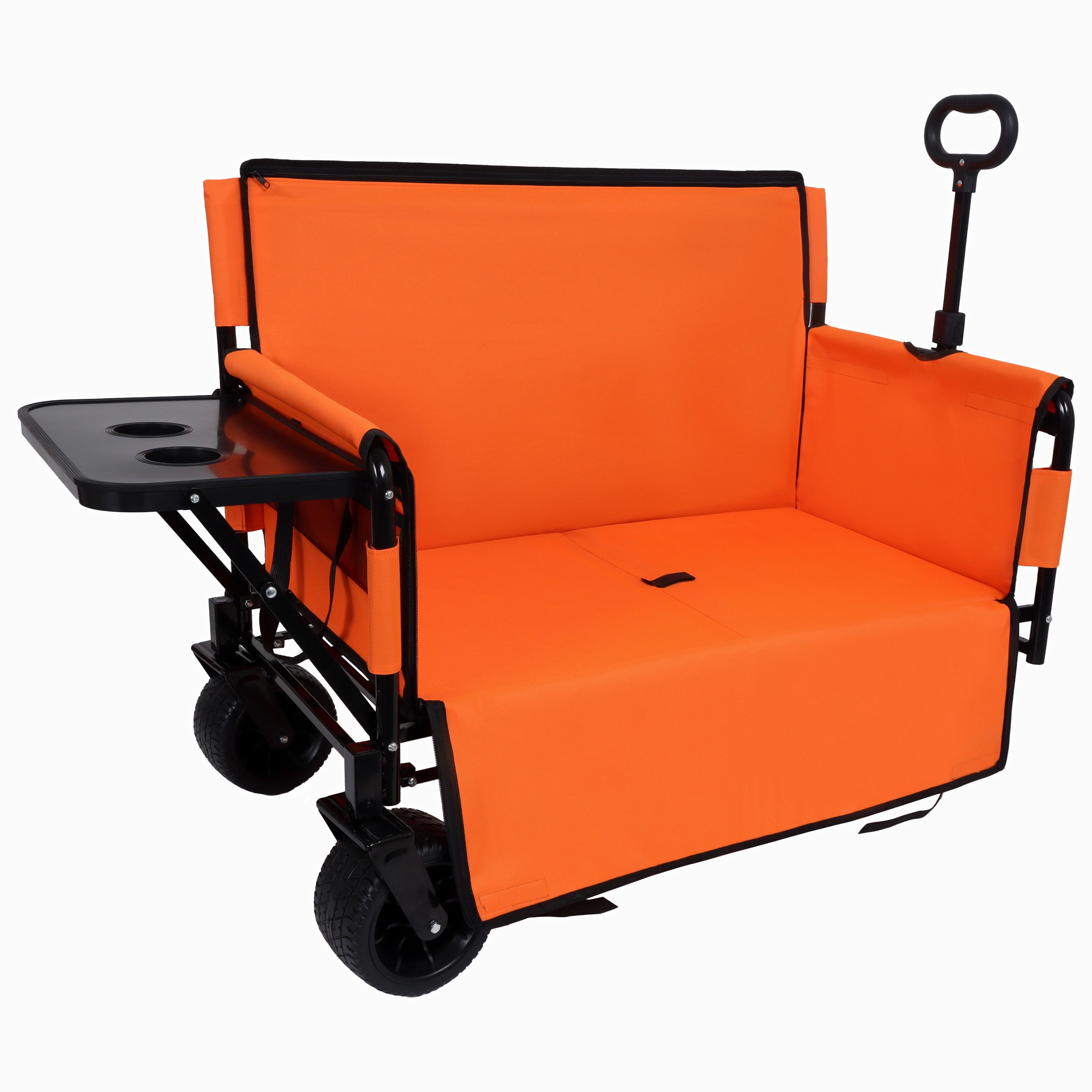 3-in-1 Convertible Folding Wagon Cart, Orange, 500lbs Heavy-Duty Utility Wagon with Bench Seat & Rear Folding Tabletop, 180L Capacity All-Terrain Wheels for Outdoor Use