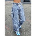 thumbnail image 2 of Women's Loose Fit Cargo Denim Pants Wide-Leg Workwear Jeans With Elastic Drawstring Waist Non-Stretch Comfortable Casual Trousers Denim Plus Size Women's Clothing, 2 of 6