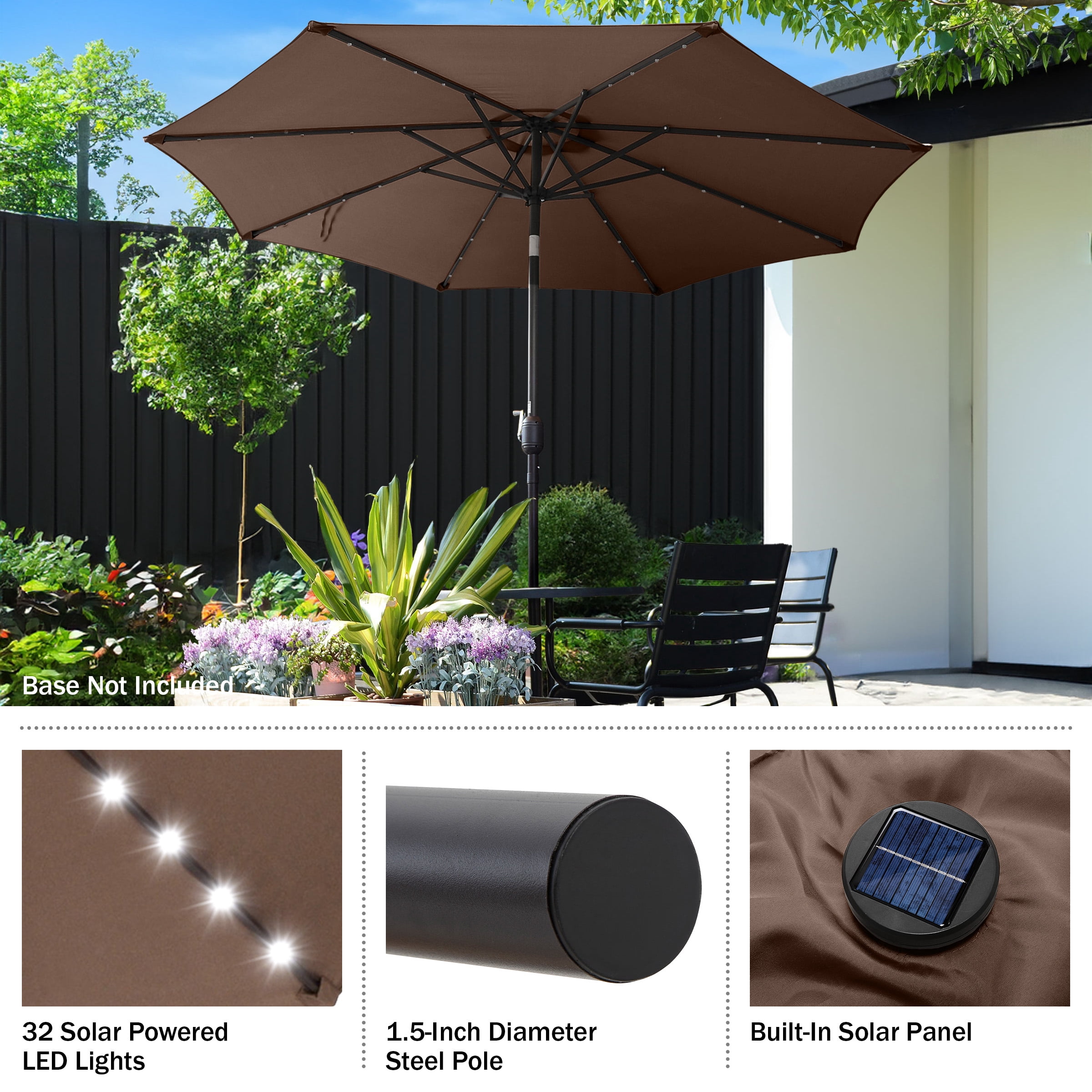 Villacera 9FT Outdoor Patio Umbrella with Solar Lights and Tilt, Brown