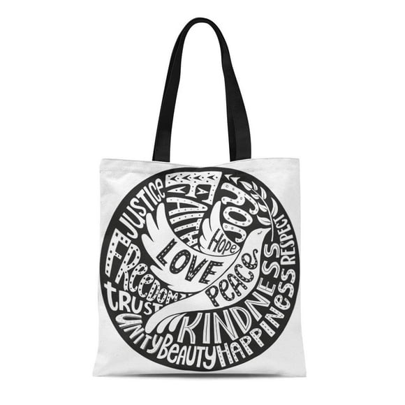 POGLIP Canvas Tote Bag Dove of Peace Words Love Faith Joy Hope Kindness Reusable Shoulder Grocery Shopping Bags Handbag