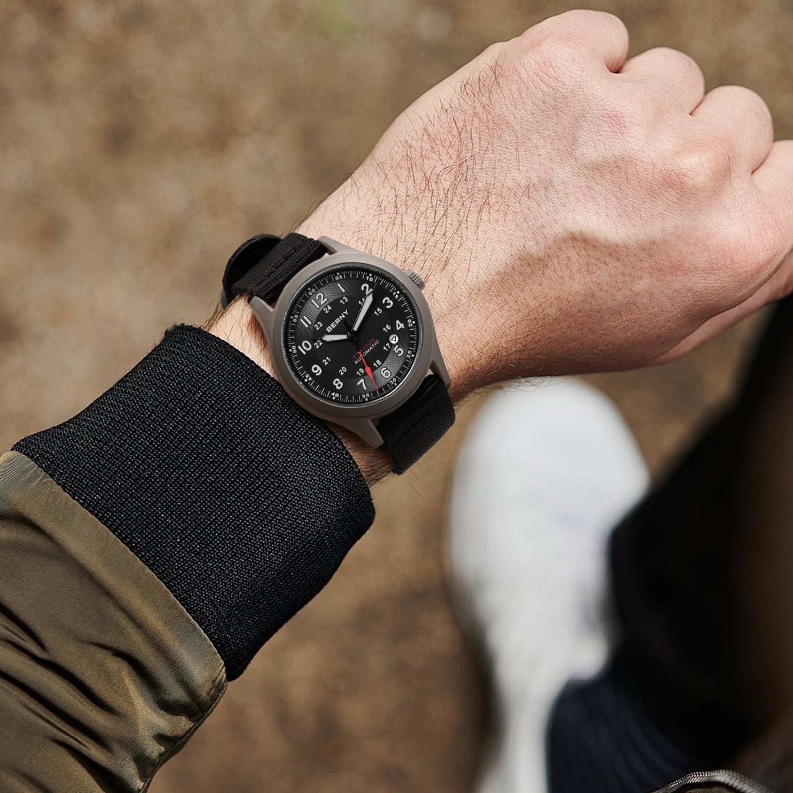 BERNY Automatic Watches for Men Military Sport Nylon Strap Titanium Field Watch with Date Sapphire Crystal Luminous Analog Mechanical Watch 100M Waterproof Army Tactical Casual Wristwatch (Black)