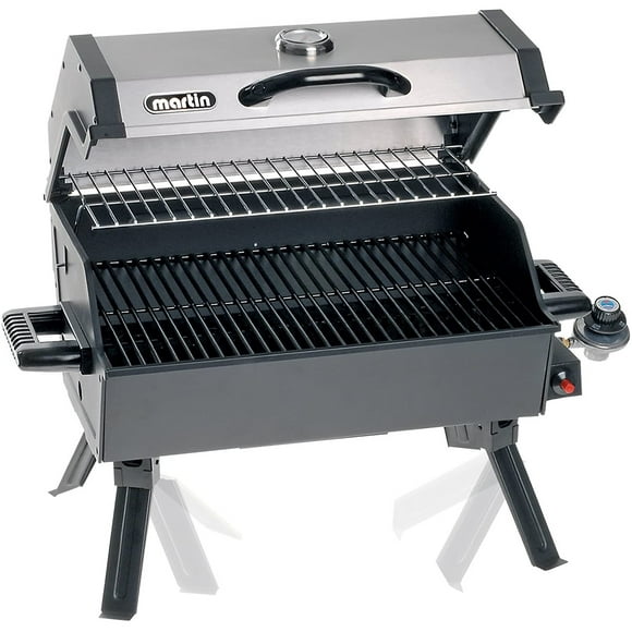 Martin Portable Propane Gas Grill - 14000 BTU Tabletop BBQ with Porcelain Grate, Folding Support Legs and Grease Pan