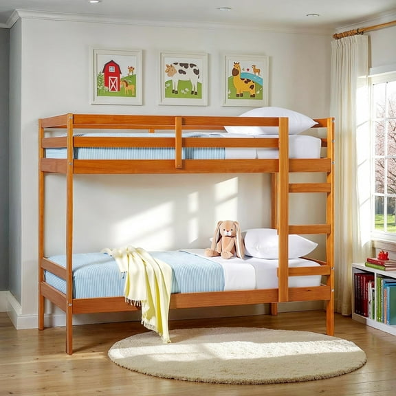 Walker Edison Modern Solid Wood Twin Over Twin Bunk Bed, Caramel