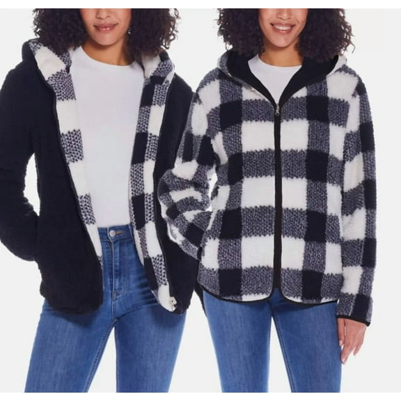 Weatherproof Women Size XS (0-2), Reversible Plush Hooded Jacket, Black/White