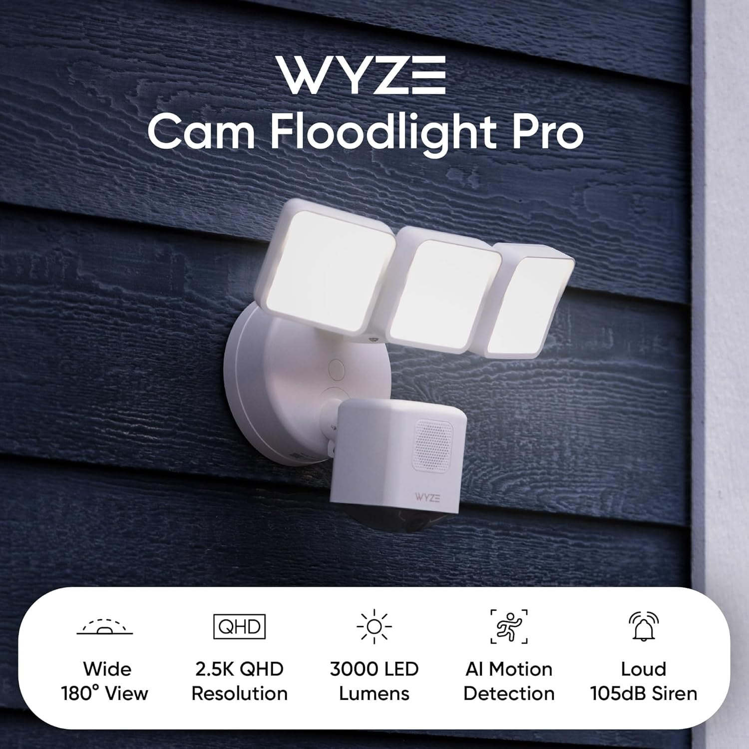 Restored WYZE Floodlight Camera Pro, 3000-Lumen LEDs, 180° Wide View, 2K HD Outdoor Security Camera, Motion Detection, 105dB Siren, Cloud & Local Storage, Color Night Vision, Wired (Refurbished)
