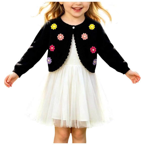 Zaveiop Girls Long Sleeve Knitted Bolero Cardigan Toddler Kid Cropped Button Closure Dress Up Jacket Tops Toddler Girls Sweater (3-4 Years, Black)