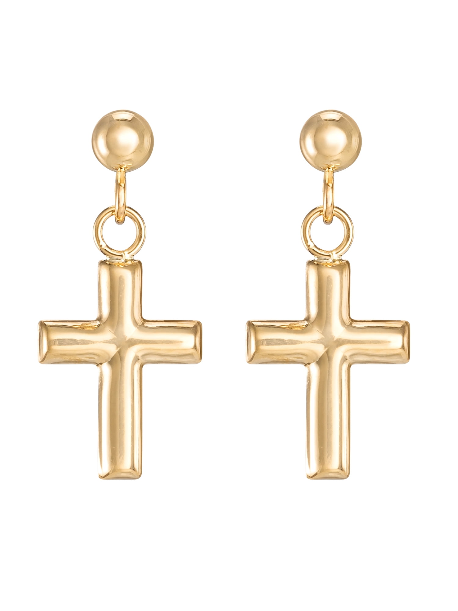 Brilliance Fine Jewelry Girls 14K Yellow Gold Bead Cross Stud Earrings