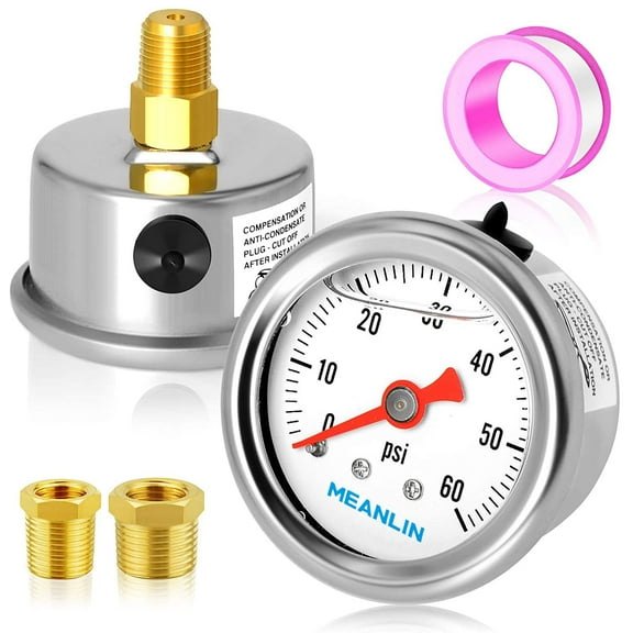 MEANLIN MEASURE 0~60Psi Stainless Steel 1/8" NPT 1.5" FACE DIAL, Glycerin Filled Pressure Gauge, Liquid Filled, Water Oil Air, Back Mount, with 1/8" x 1/4" NPT and 1/8" x 3/8" NPT Hex Bushing