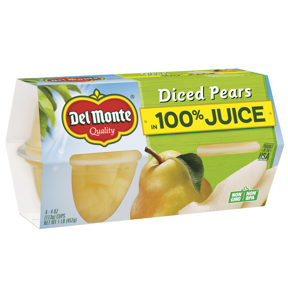 (4 Cups) Del Monte Diced Pears, Fruit Cup Snacks, 100 Juice, 4 oz