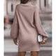 thumbnail image 4 of Vestido suéter ajustado Manga larga linterna Cuello alto Color puro Mini vestido suéter acanalado para mujer Rosa S, 4 of 6