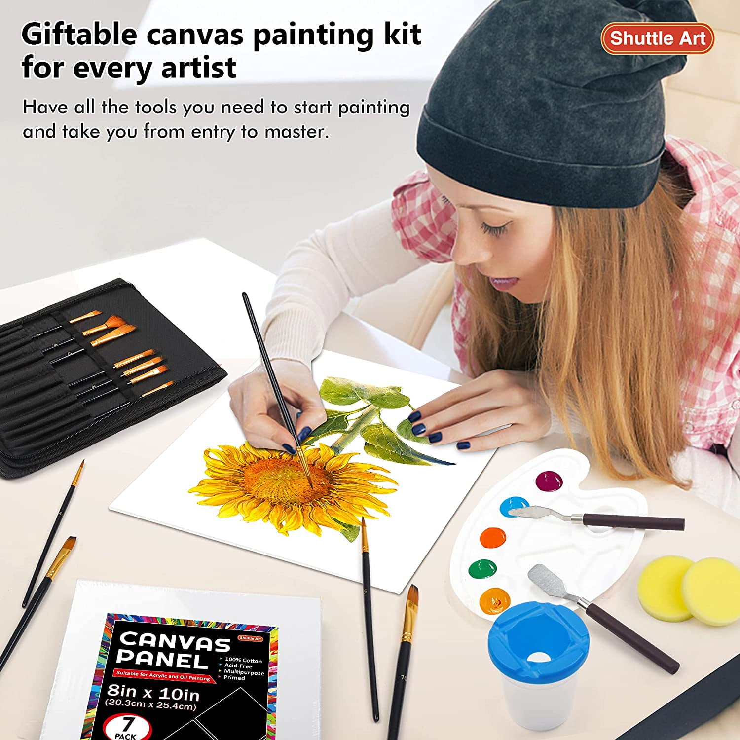 50 Pack Canvas Painting Kit, Shuttle Art Painting Supplies with 28 Multi Sizes Canvas Boards for Painting and 22 Tools including Paint Brushes, Palette, Painting Knives