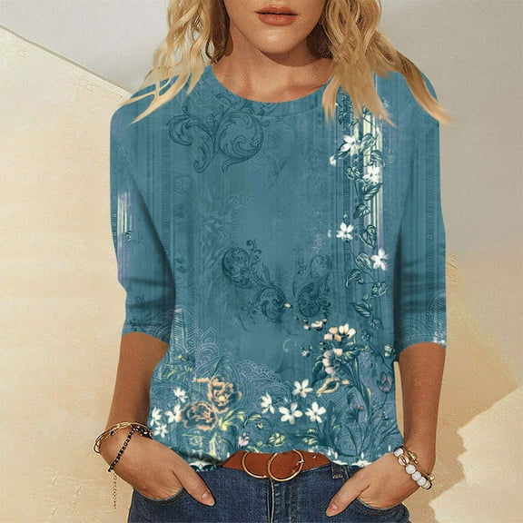 Xyxonk 3/4 Sleeve Blouses for Women Casual Vintage Floral Printed Shirt Loose Round Neck Tunic Top Summer Three Quarter Length T-Shirts Clothes Cute Clothes for Girls Size 10-12 Blue 3XL