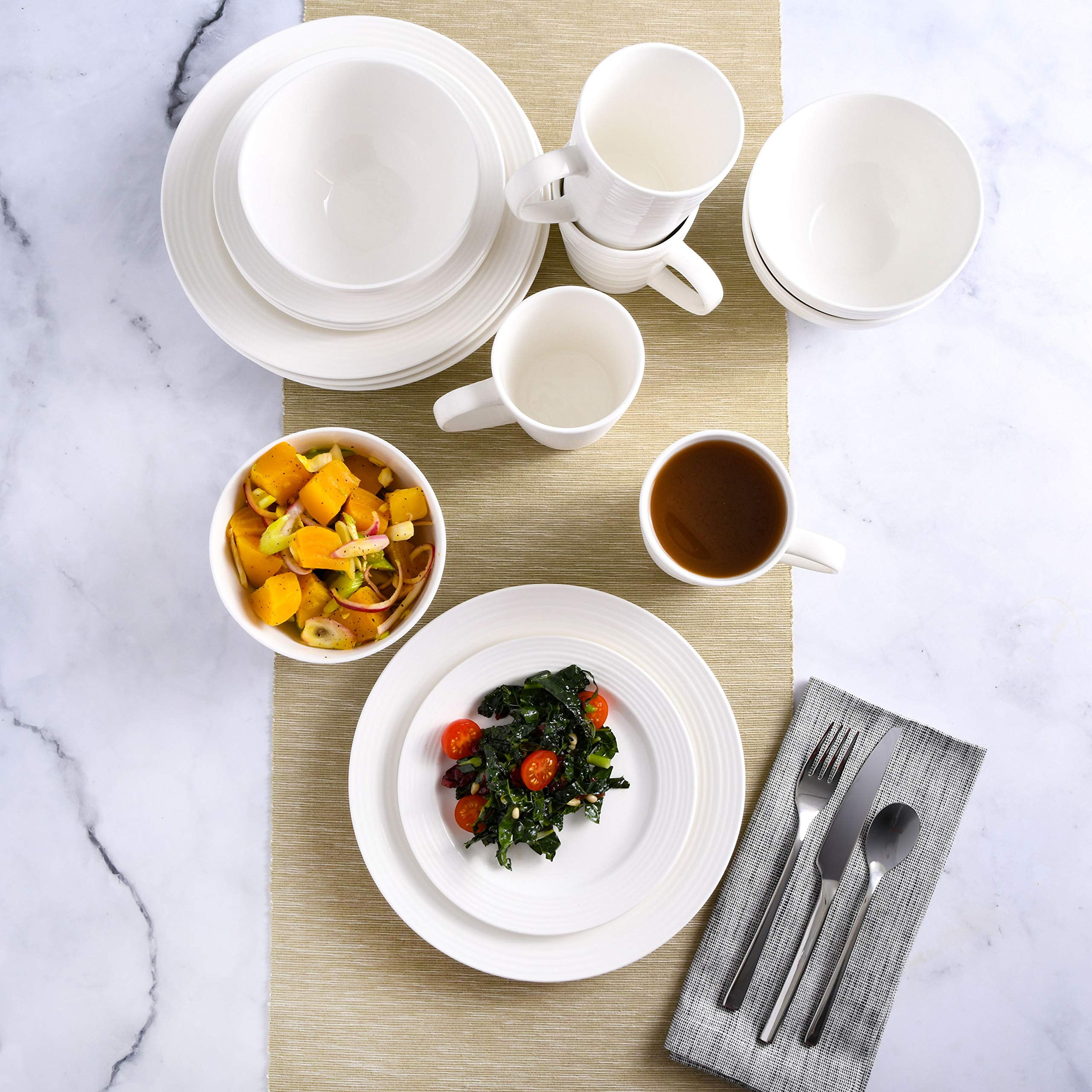 Home Zen Buffet White Porcelain Dinnerware Set for 4 with Square Plates, Bowls, Mugs, Chip and Scratch Resistant, Dishwasher and Microwave Safe, 16 Piece