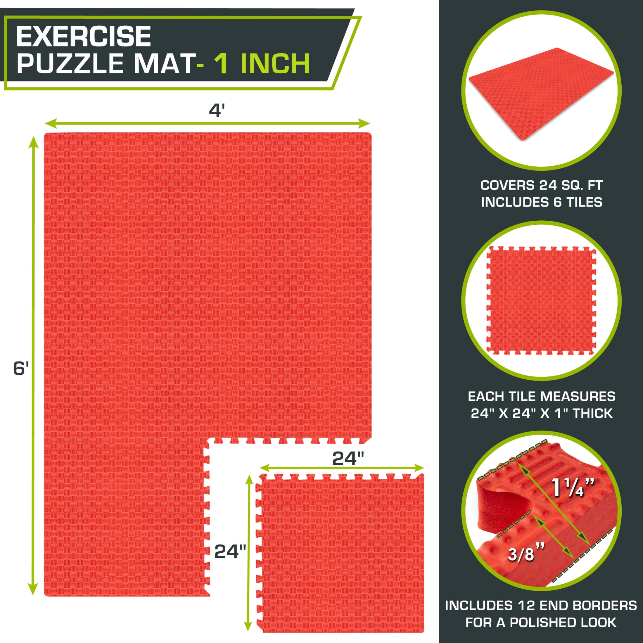 ProsourceFit Exercise Puzzle Mat ½ or 1-in with Non-Slip Traction on Checkered Surface