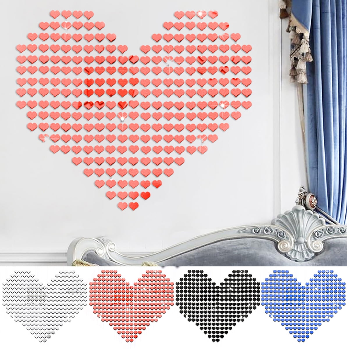 Cheers US 100Pcs Heart Mirror Wall Stickers, Love Heart Acrylic Mirror