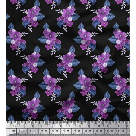 Soimoi Poly Georgette Fabric Leaves & Periwinkle Floral Decor Fabric Printed Yard 42 Inch Wide