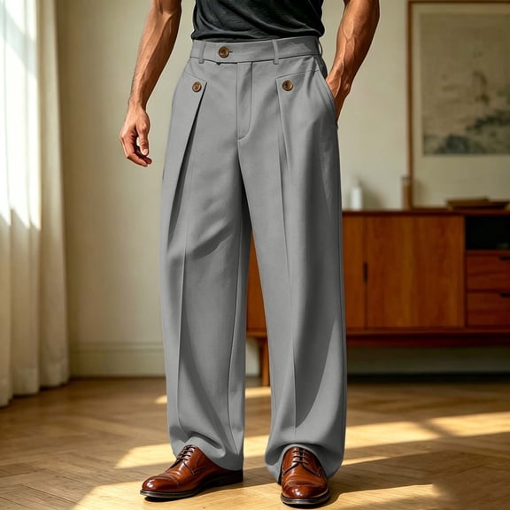 LEKWK Dress Pants for Men High Waisted Pleated Wide Leg Trouser Relaxed Fit Button Detail Classic Business Casual Lounge Pants for Office Work formal Wear Gray XXL