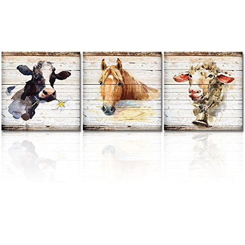 Welmeco Rustic Farm Animals Canvas Wall Art Decor Cow Horse Sheep