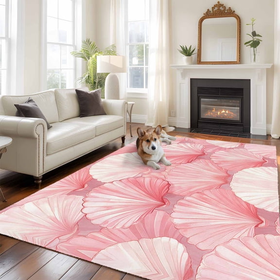 6'x9' Area Rugs, Pink Coastal Shell Indoor Outdoor Area Rug for Living Room Bedroom, Nautical Beach Ocean Summer Washable Bathroom Rugs Kitchen Floor Carpet Mats Home Decor Aesthetic