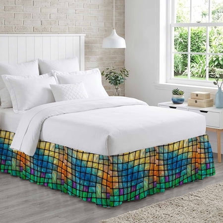 Abstract Colored Plaid Bed Skirt King Size 18 Inch Drop, Gradient Grid Gemstone Modern Futuristic Adjustable Elastic Dust Ruffles Bedskirt for King Bed Wrap Around Pleated Mattress Frame Cover
