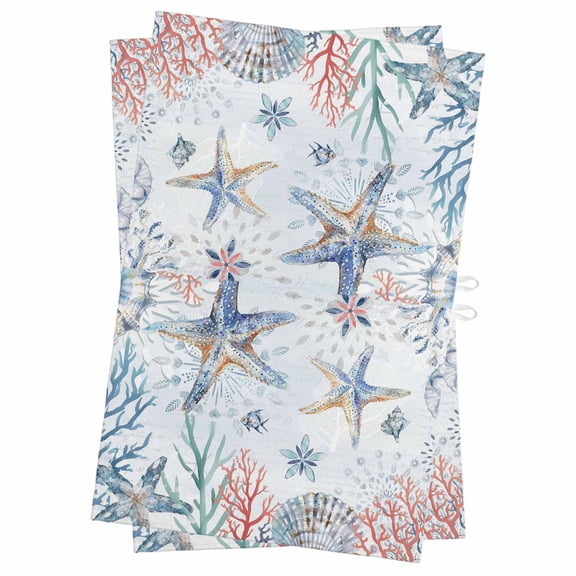 Ocean Starfish Kitchen Towels Set of 2, Water Absorbent Dish Towel, Summer Coastal Coral Flower Shells Decorative Hand Towels - Quick Drying Cloth for Cooking Baking, 18x28 Inch