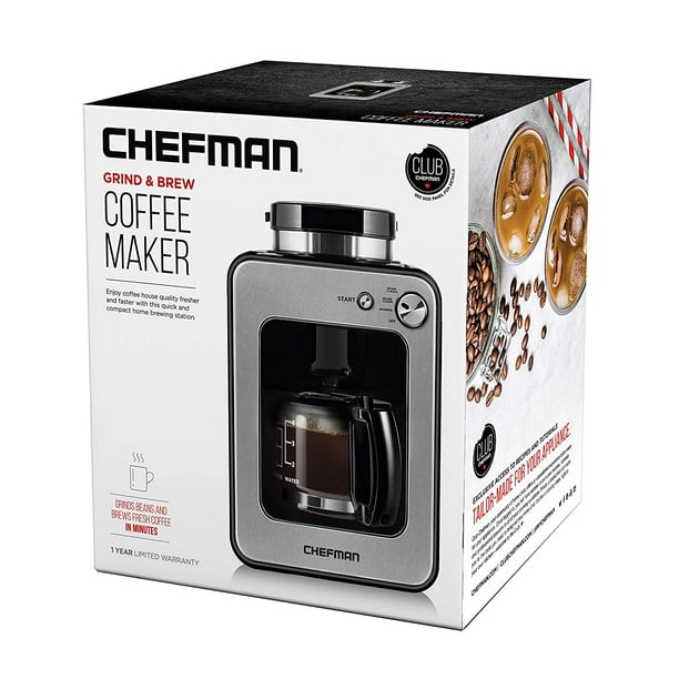 Chefman Grind and Brew 4 Cup Coffee Maker and Grinder Compatible w Fresh Beans and Grounds Adjustable Strength Settings Washable Coffee Filter Scoop Included Compact Black Stai Walmart