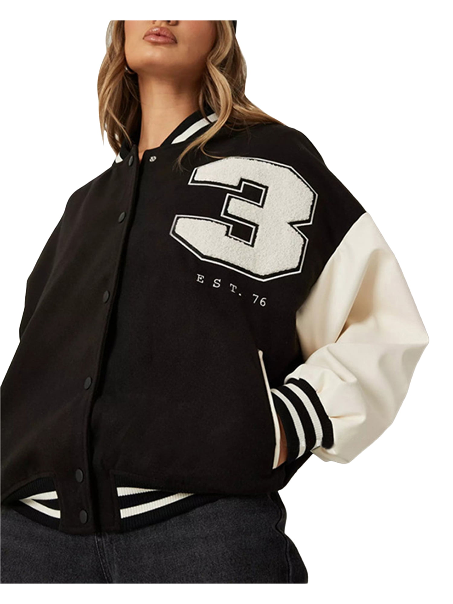 Bebiullo Women's Oversized Varsity Jackets Vintage Letter Print Bomber Jacket  Urban Baggy Baseball Coat Black White S