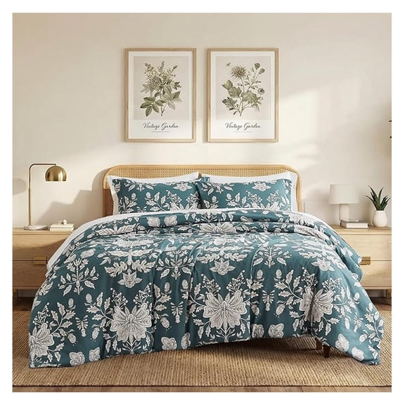 Vintage Garden Collection - Cal/King Comforter Set, Premium Bedding, All-Season Down , Summer Coverlet, Oversized 3-Piece Fluffy Comforter King Size, Blue