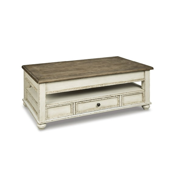Signature Design by Ashley Realyn Lift Top Coffee Table – Cottage Two-Tone, Chipped White & Distressed Wood, Storage Drawer, Spring-Lift Top