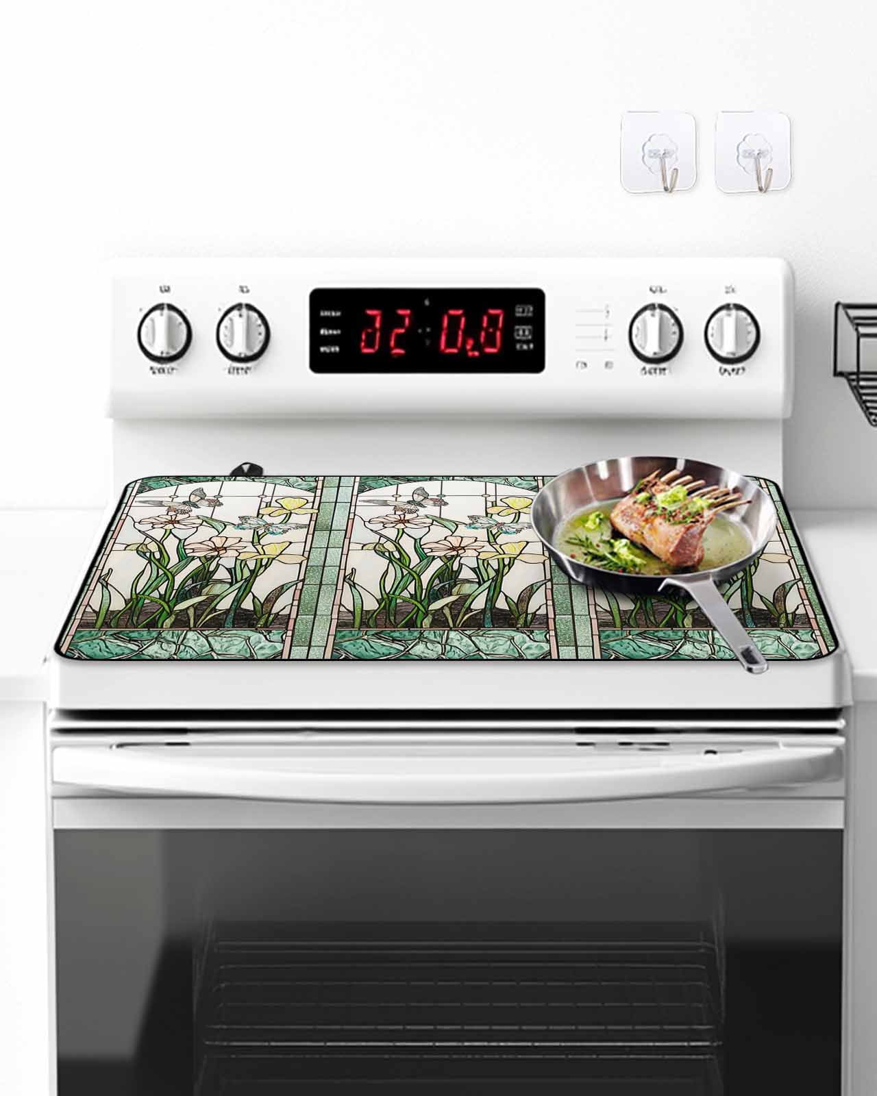 Stove Top Covers for Electric Stove, Green Spring Botanical Glass Stovetop Cover Protector, Summer Butterfly Vintage Induction Cooktop Protector Oven Mat for Kitchen Countertop 24"x21"