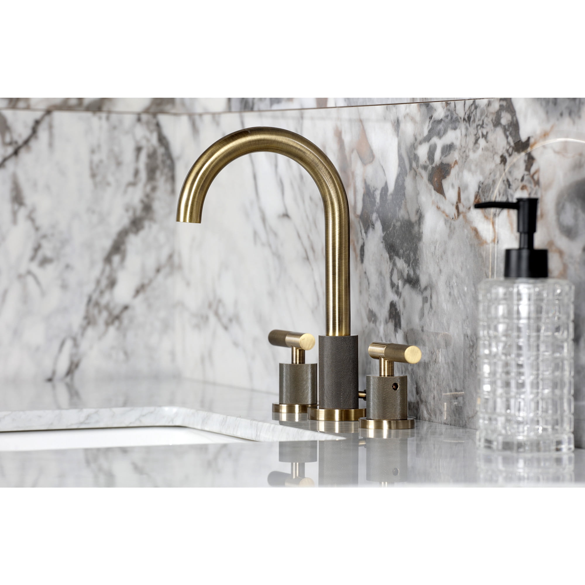 Kingston Brass FSC892KNLAB Convergent Two-Handle 3-Hole Deck Mount Widespread Bathroom Faucet with Knurled Handle and Brass Pop-Up in Antique Brass