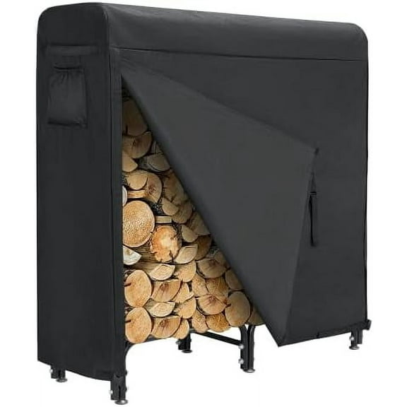 Firewood Rack 4FT with Cover, Heavy Duty Outdoor Wood Holder - 350 LBS Capacity for Fireplace, Indoor/Outdoor Use (Black)