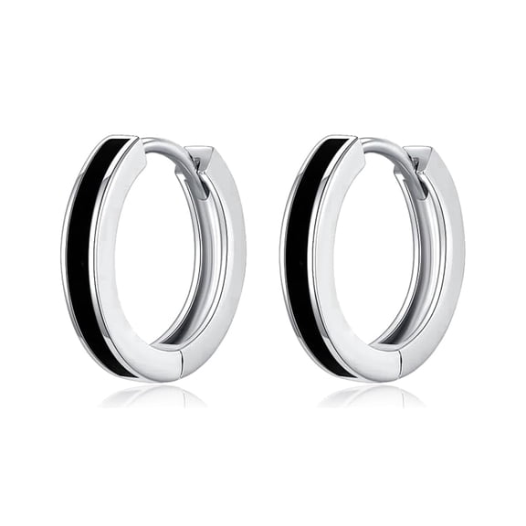 LeCalla 925 Sterling Silver Black Stripe Huggie Hoop Earrings for Men