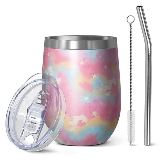 12oz Stemless Wine Tumblers Pink Tie Dye Pattern Vacuum Insulated Stainless Steel Travel Tumbler Cups Mug with Lid and Straw for Champaign,Cocktail,Beer with Cleaning Brush