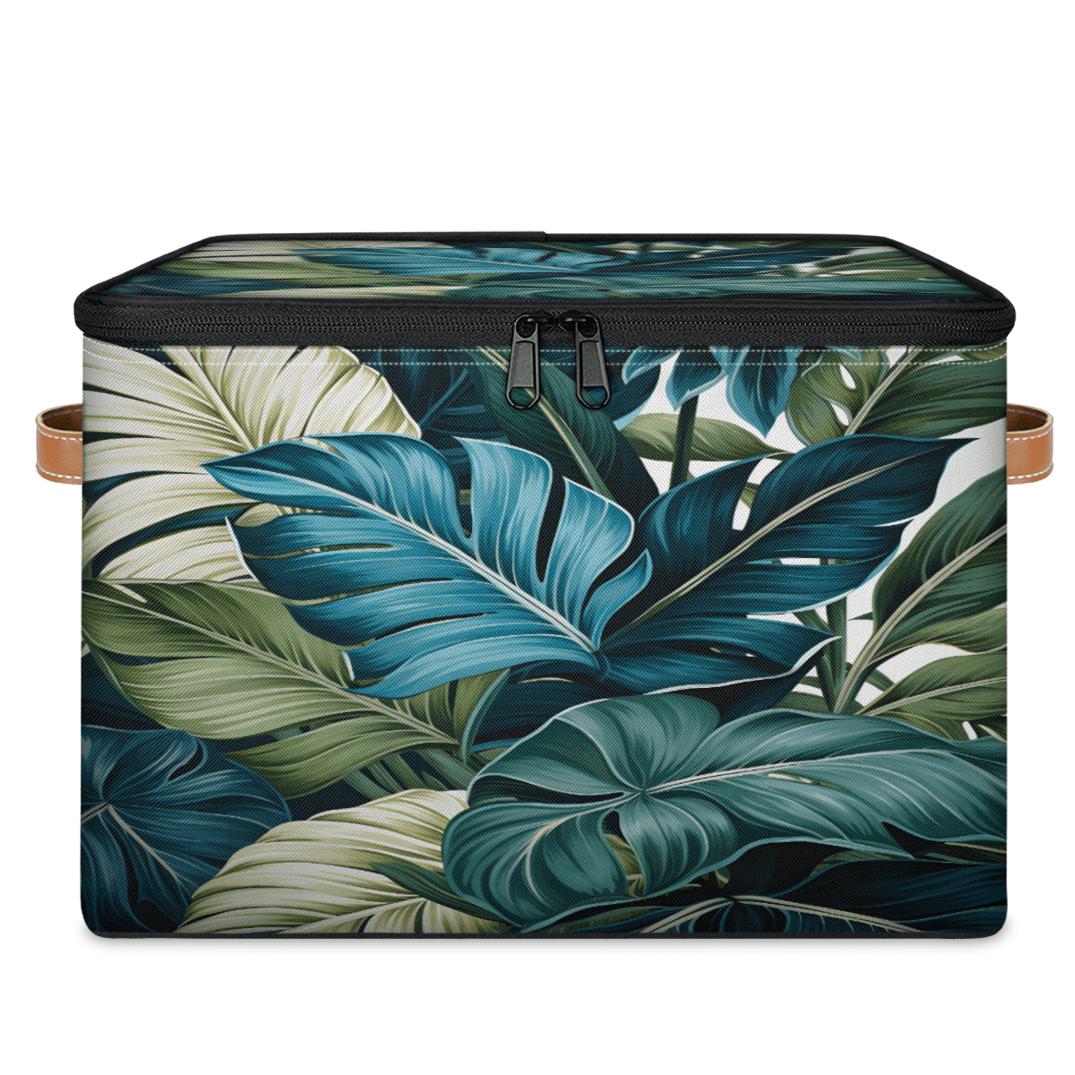 ADECORIVY Blue Green Leaves Storage Bin with Zipper Lid, Fabric Foldable Shelf Baskets Boxes, Closet Lidded Storage Bins, Decorative Clothes Organizer for Bedroom Home