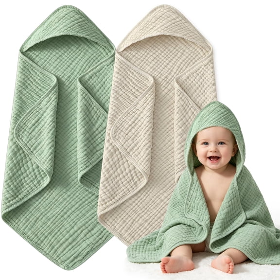Qissep Hooded Baby Towels for Newborn, 100% Muslin Organic Cotton Baby Bath Towel with Hood for Babies, Infant, Toddler and Kids,Soft and Absorbent Newborn Essential, 2 Pack, 32x32inch, Khaki & Green